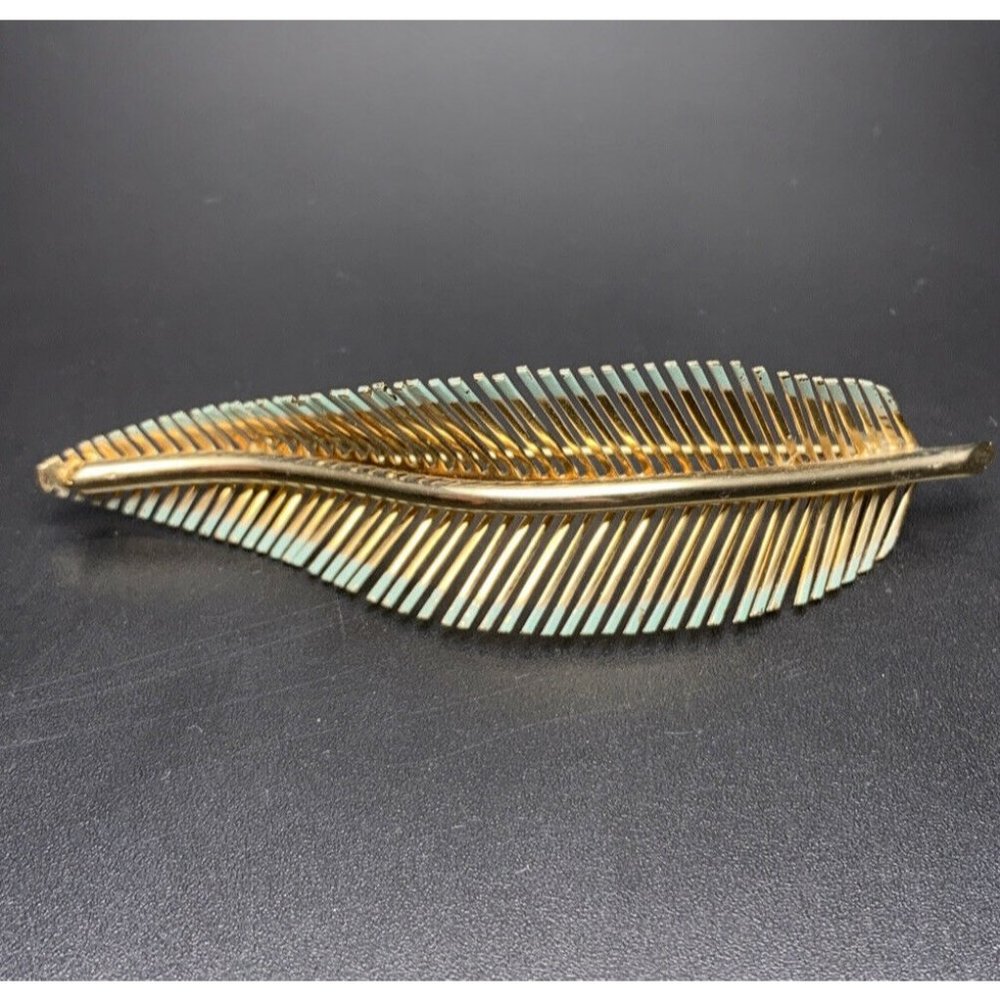 Vintage Gold Tone Blue Tipped Feather Brooch Pin